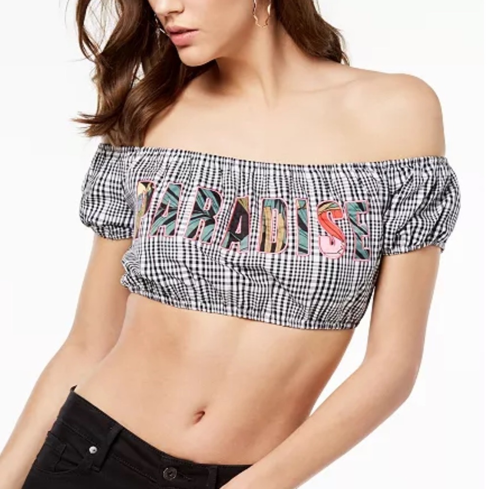 GUESS Womens Checkered Strapless Crop Top
Blouse.